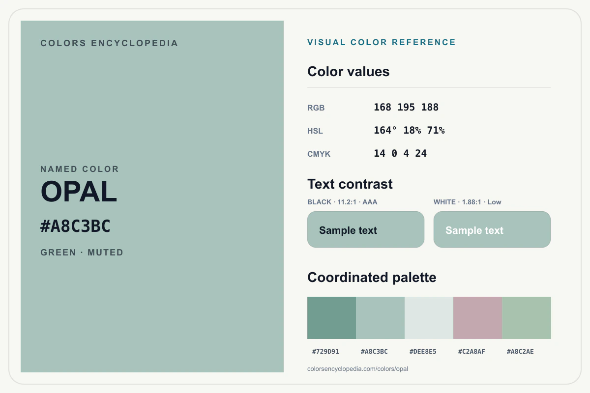 Opal color reference infographic showing #A8C3BC, RGB and HSL values, a coordinated palette, and black and white text contrast.