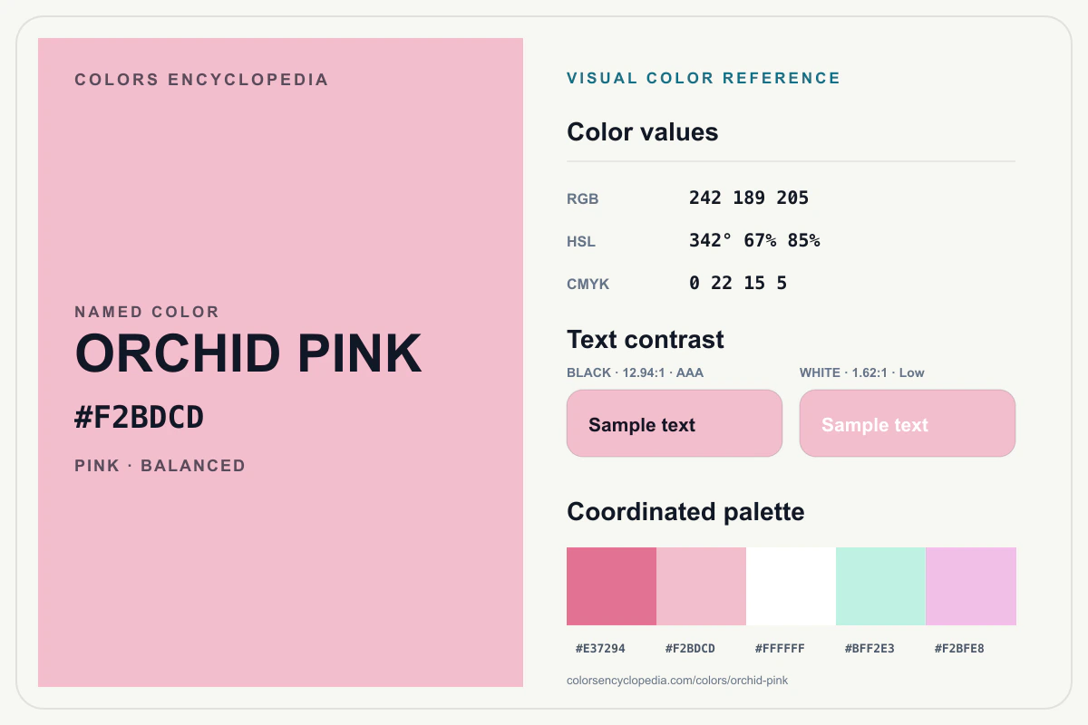 Orchid Pink color reference infographic showing #F2BDCD, RGB and HSL values, a coordinated palette, and black and white text contrast.