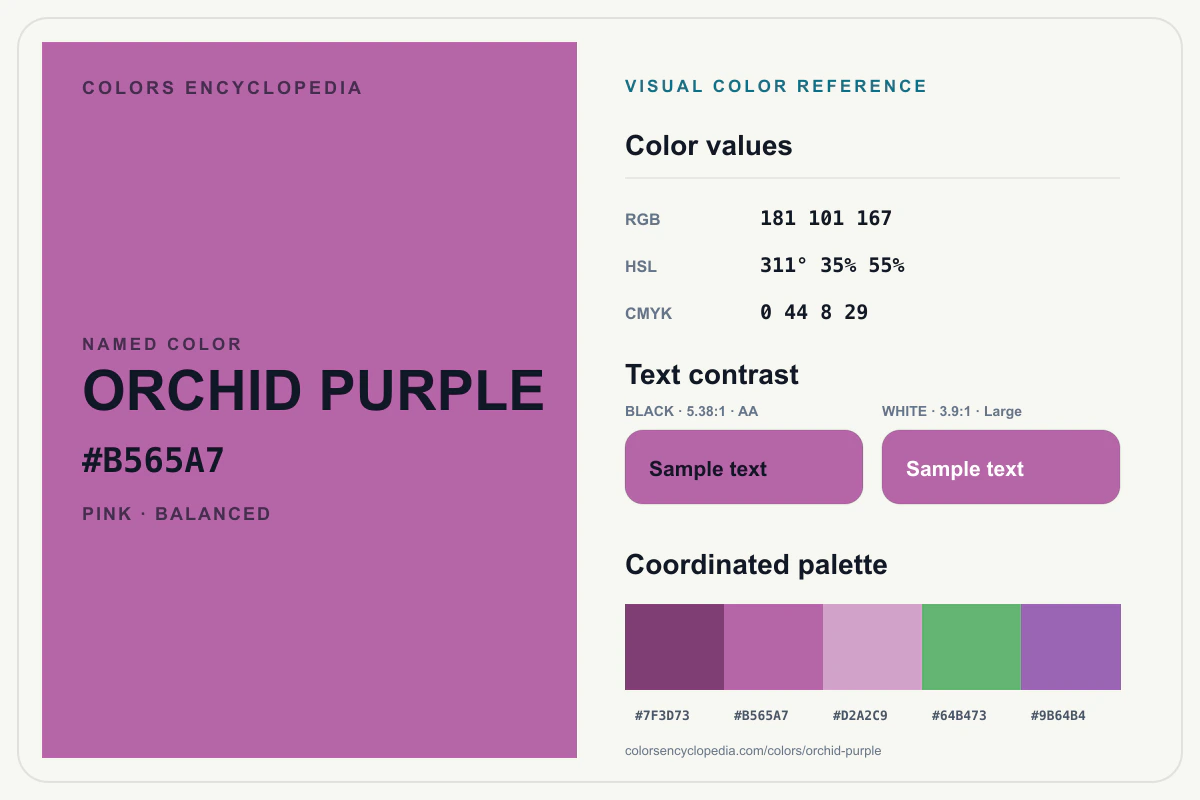 Orchid Purple color reference infographic showing #B565A7, RGB and HSL values, a coordinated palette, and black and white text contrast.