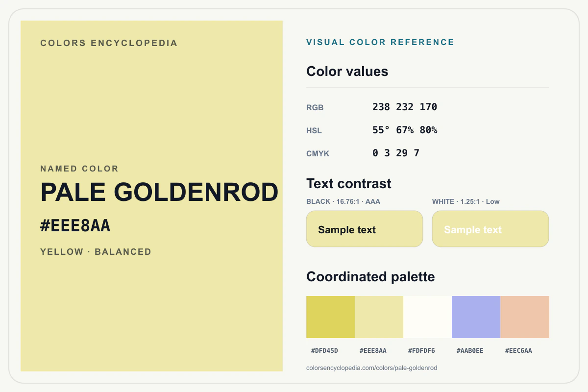 Pale Goldenrod color reference infographic showing #EEE8AA, RGB and HSL values, a coordinated palette, and black and white text contrast.
