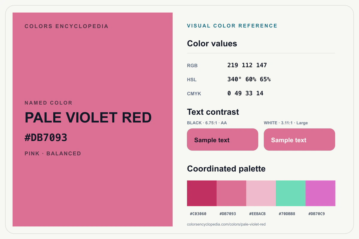 Pale Violet Red color reference infographic showing #DB7093, RGB and HSL values, a coordinated palette, and black and white text contrast.