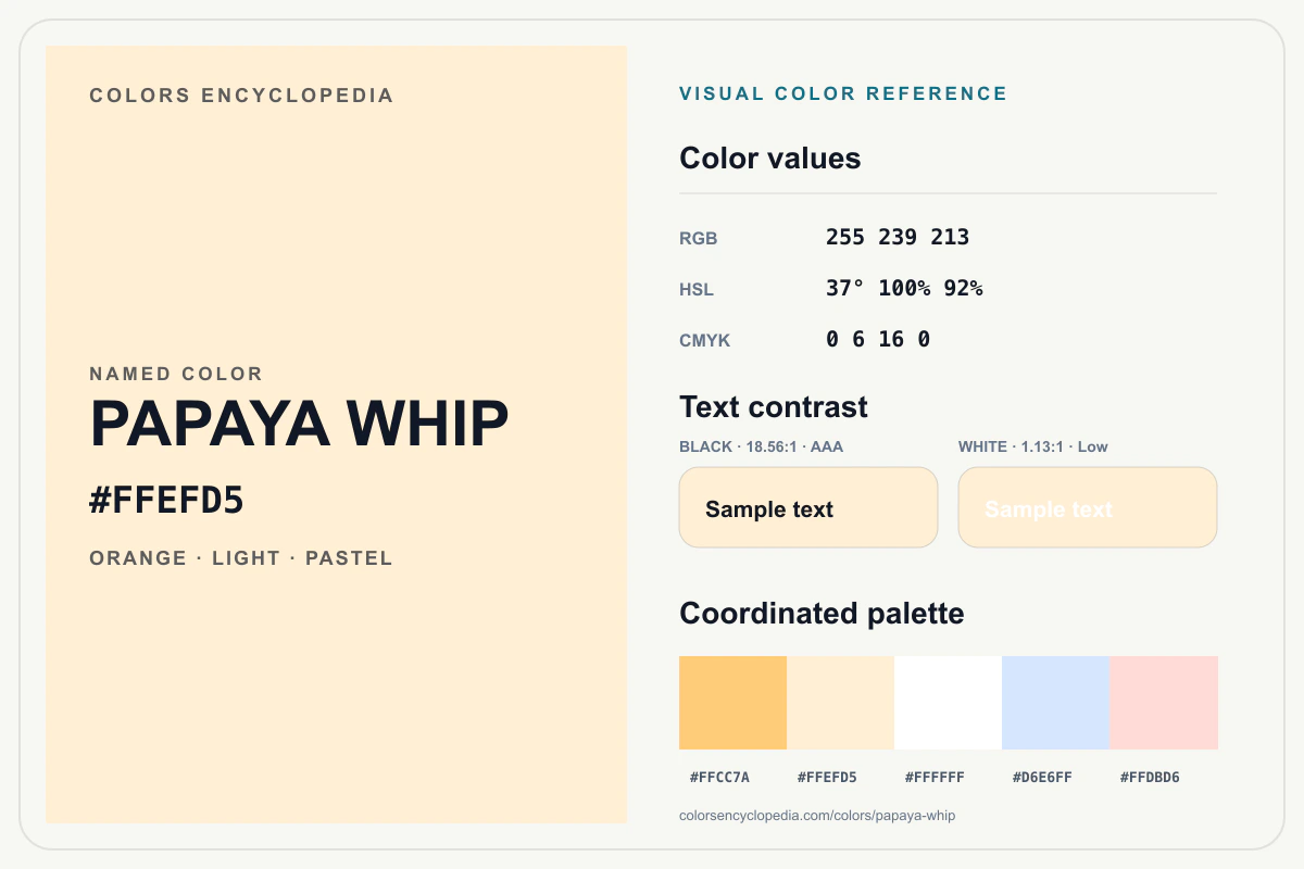 Papaya Whip color reference infographic showing #FFEFD5, RGB and HSL values, a coordinated palette, and black and white text contrast.