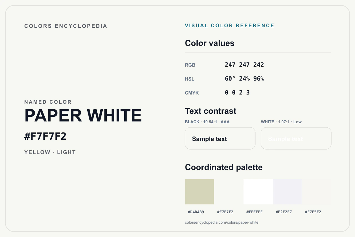 Paper White color reference infographic showing #F7F7F2, RGB and HSL values, a coordinated palette, and black and white text contrast.