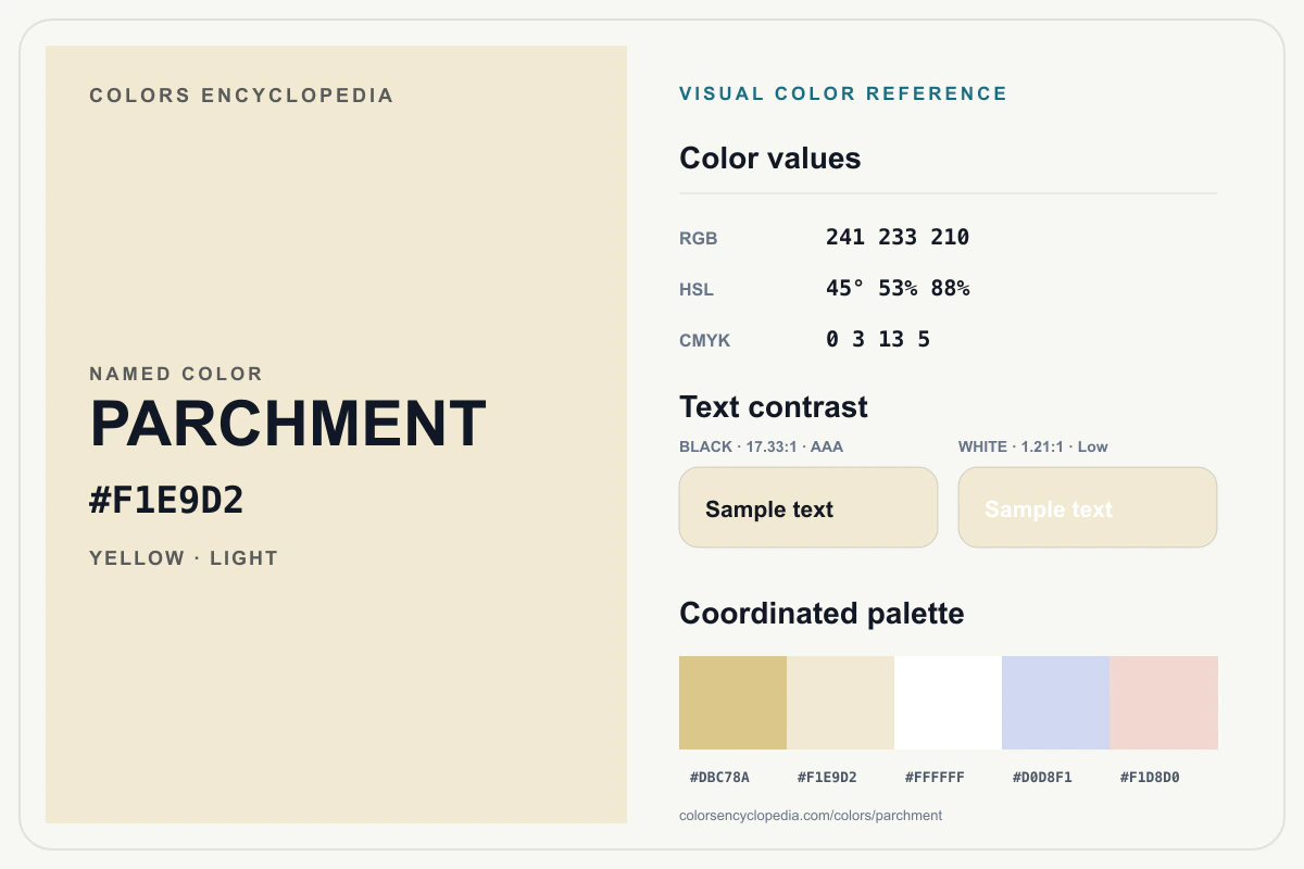 Parchment color reference infographic showing #F1E9D2, RGB and HSL values, a coordinated palette, and black and white text contrast.