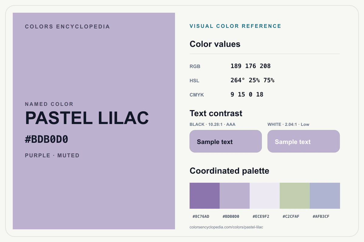Pastel Lilac color reference infographic showing #BDB0D0, RGB and HSL values, a coordinated palette, and black and white text contrast.