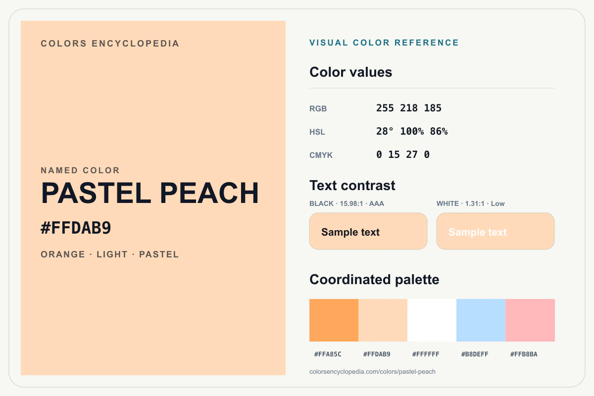 Pastel Peach color reference infographic showing #FFDAB9, RGB and HSL values, a coordinated palette, and black and white text contrast.