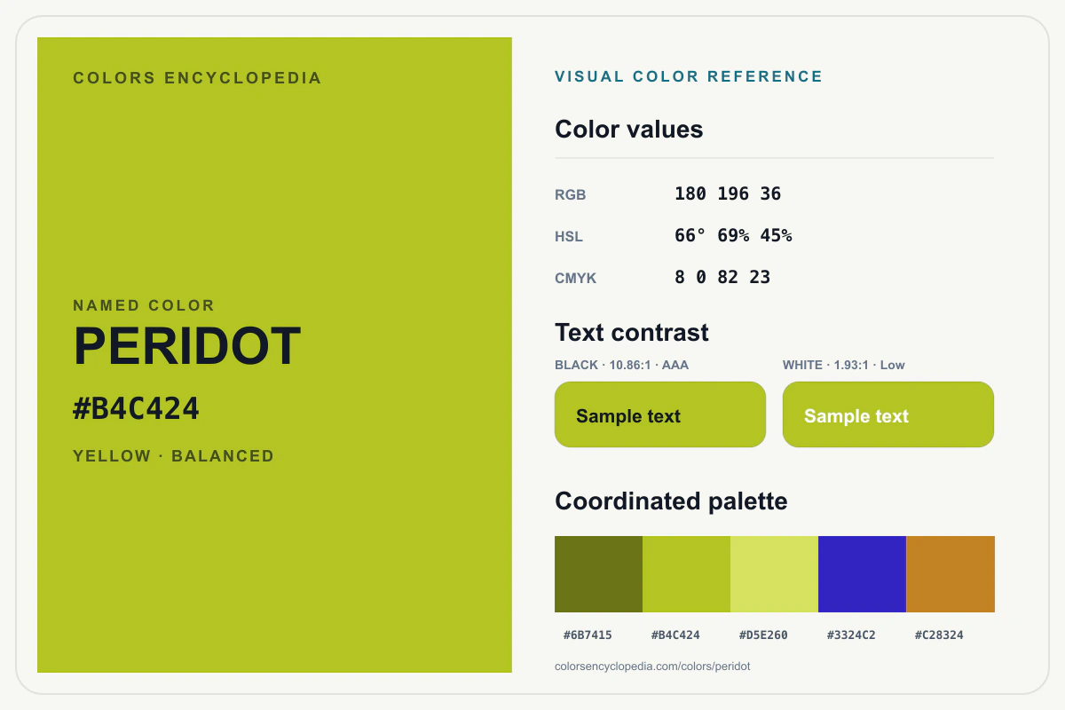 Peridot color reference infographic showing #B4C424, RGB and HSL values, a coordinated palette, and black and white text contrast.