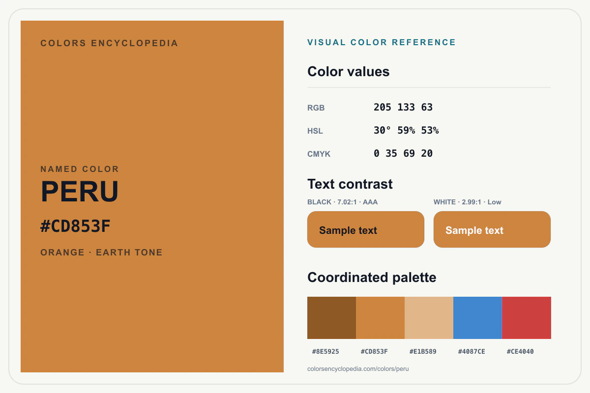 Peru color reference infographic showing #CD853F, RGB and HSL values, a coordinated palette, and black and white text contrast.