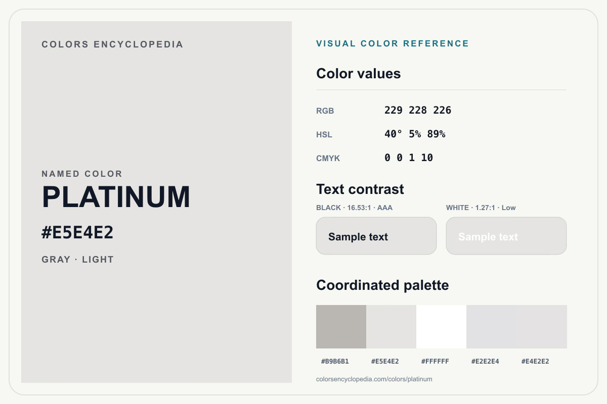 Platinum color reference infographic showing #E5E4E2, RGB and HSL values, a coordinated palette, and black and white text contrast.