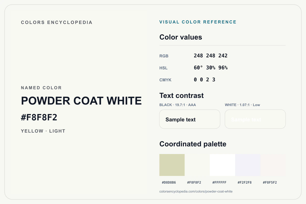 Powder Coat White color reference infographic showing #F8F8F2, RGB and HSL values, a coordinated palette, and black and white text contrast.