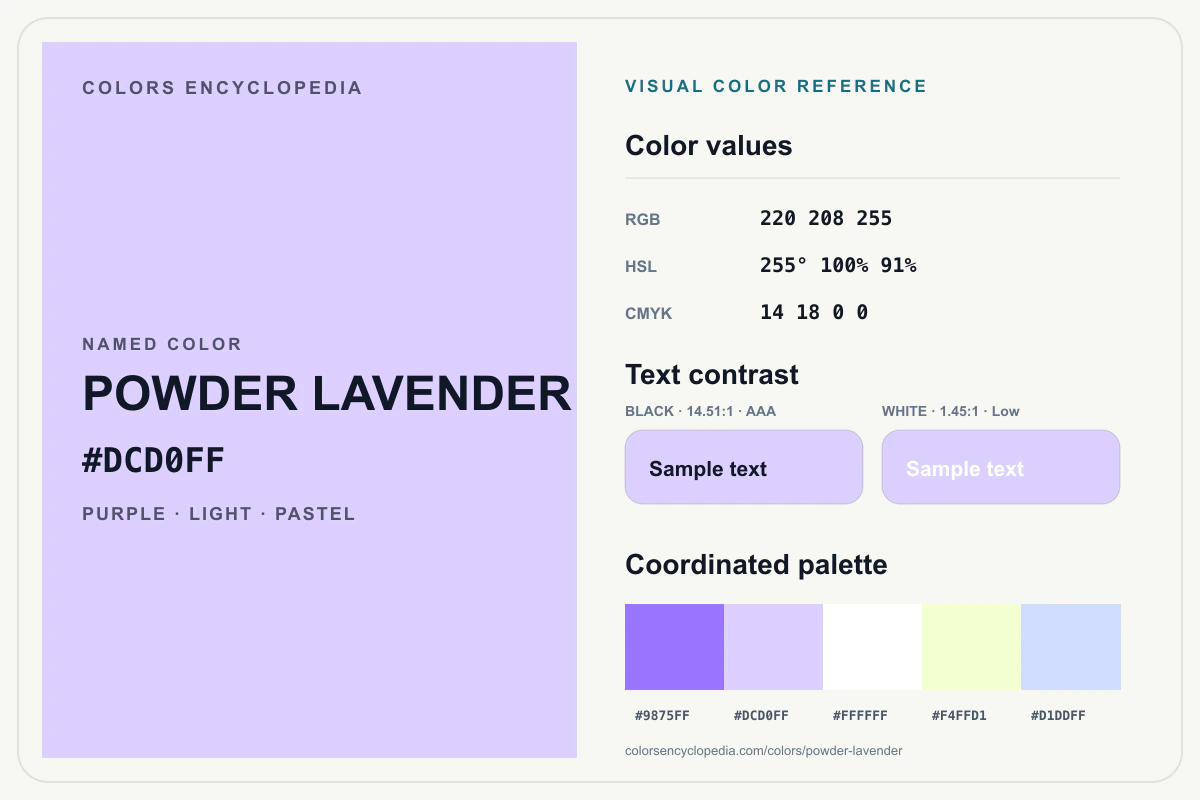 Powder Lavender color reference infographic showing #DCD0FF, RGB and HSL values, a coordinated palette, and black and white text contrast.