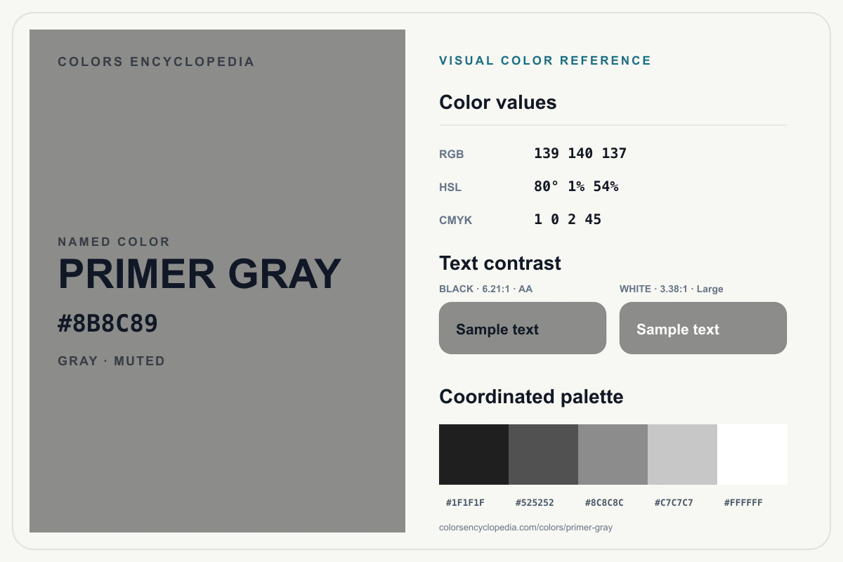 Primer Gray color reference infographic showing #8B8C89, RGB and HSL values, a coordinated palette, and black and white text contrast.