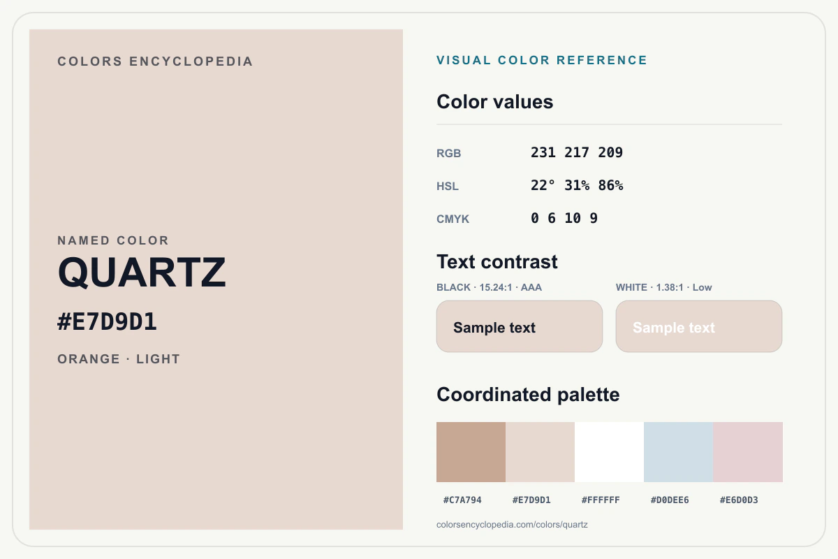 Quartz color reference infographic showing #E7D9D1, RGB and HSL values, a coordinated palette, and black and white text contrast.