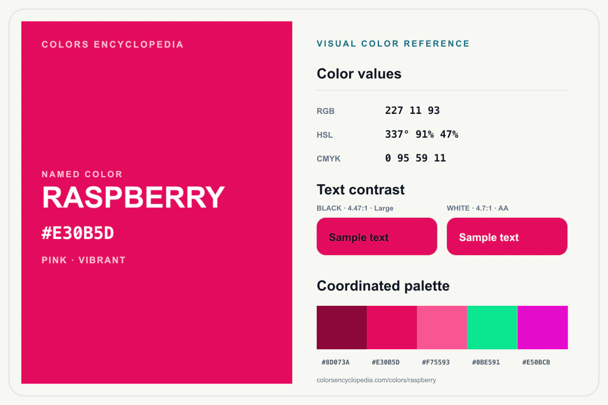 Raspberry color reference infographic showing #E30B5D, RGB and HSL values, a coordinated palette, and black and white text contrast.