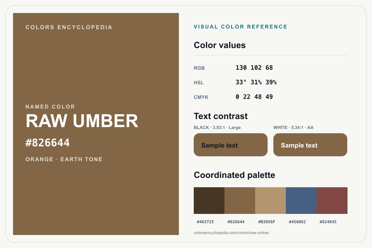 Raw Umber color reference infographic showing #826644, RGB and HSL values, a coordinated palette, and black and white text contrast.