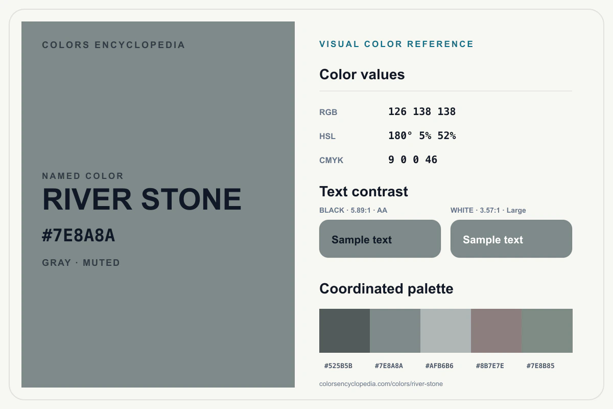River Stone color reference infographic showing #7E8A8A, RGB and HSL values, a coordinated palette, and black and white text contrast.