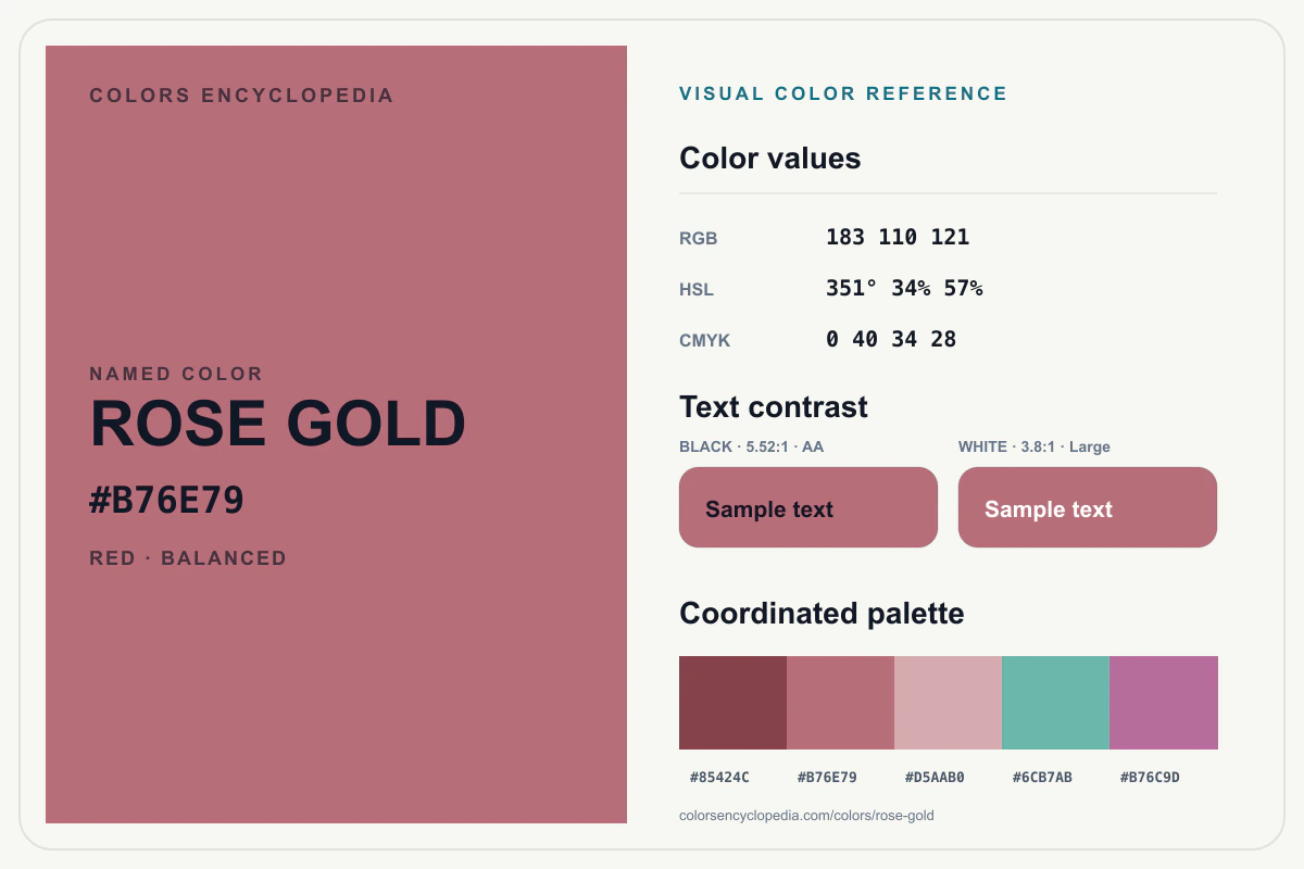 Rose Gold color reference infographic showing #B76E79, RGB and HSL values, a coordinated palette, and black and white text contrast.