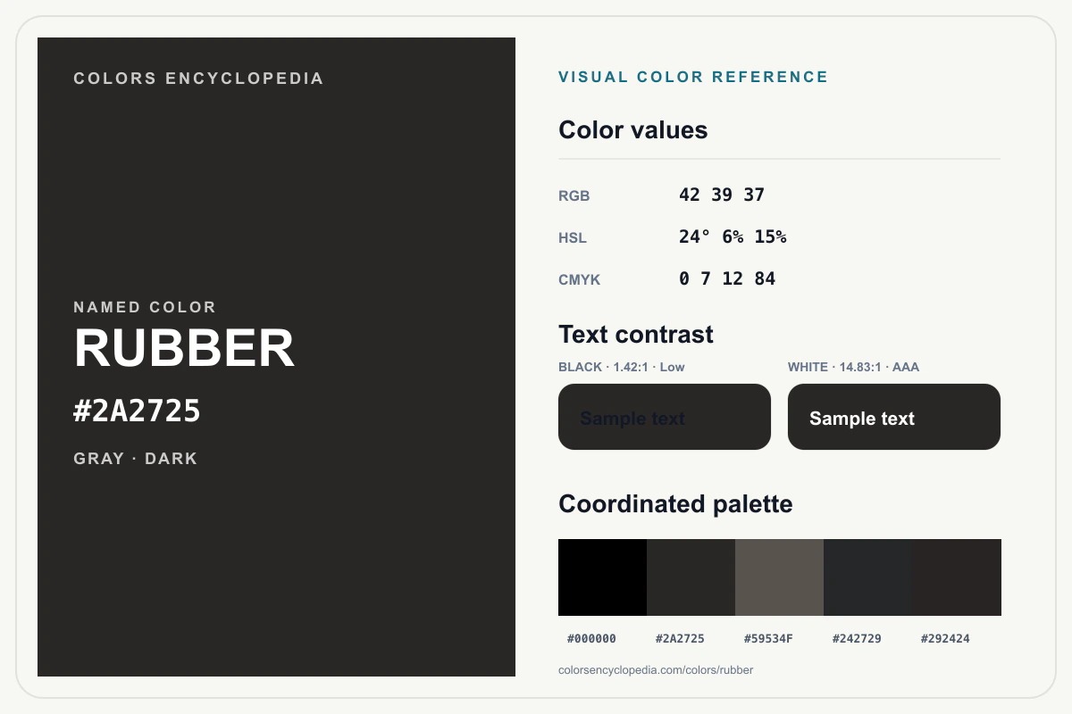 Rubber color reference infographic showing #2A2725, RGB and HSL values, a coordinated palette, and black and white text contrast.