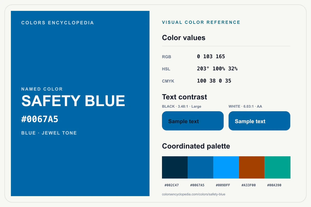 Safety Blue color reference infographic showing #0067A5, RGB and HSL values, a coordinated palette, and black and white text contrast.
