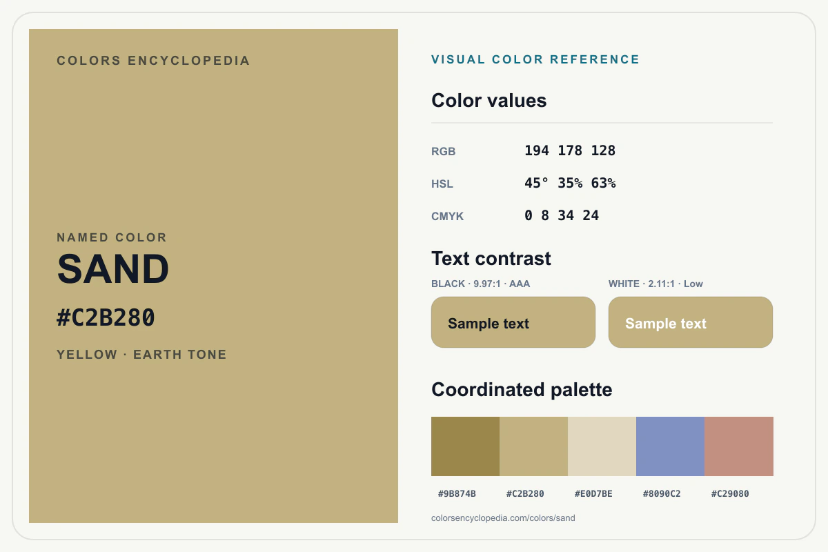 Sand color reference infographic showing #C2B280, RGB and HSL values, a coordinated palette, and black and white text contrast.