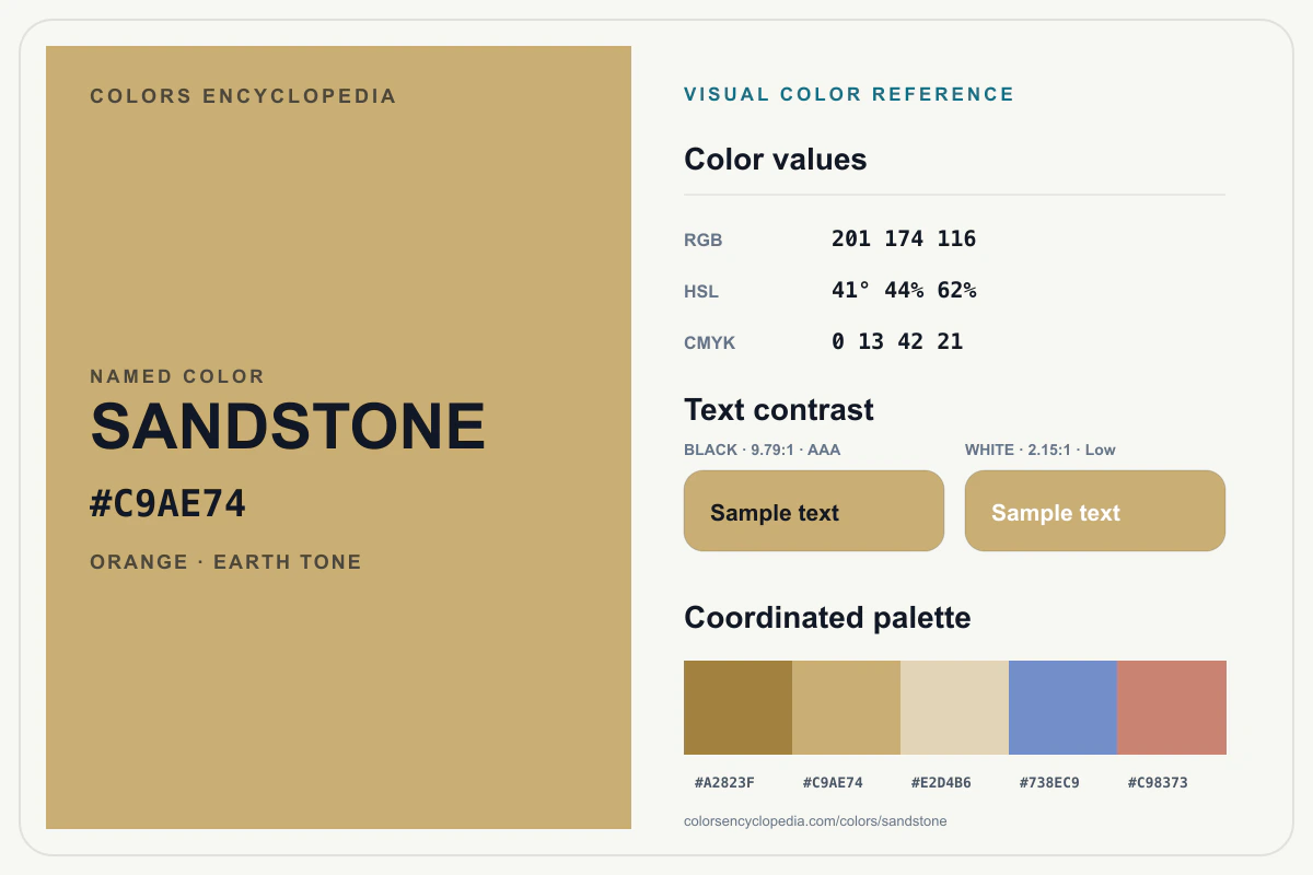 Sandstone color reference infographic showing #C9AE74, RGB and HSL values, a coordinated palette, and black and white text contrast.