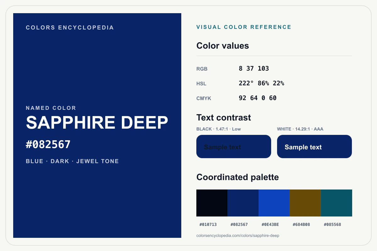 Sapphire Deep color reference infographic showing #082567, RGB and HSL values, a coordinated palette, and black and white text contrast.