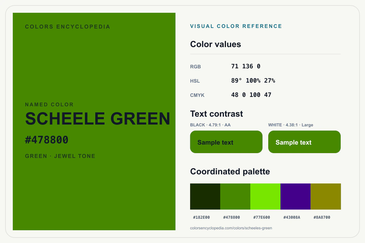 Scheele Green color reference infographic showing #478800, RGB and HSL values, a coordinated palette, and black and white text contrast.