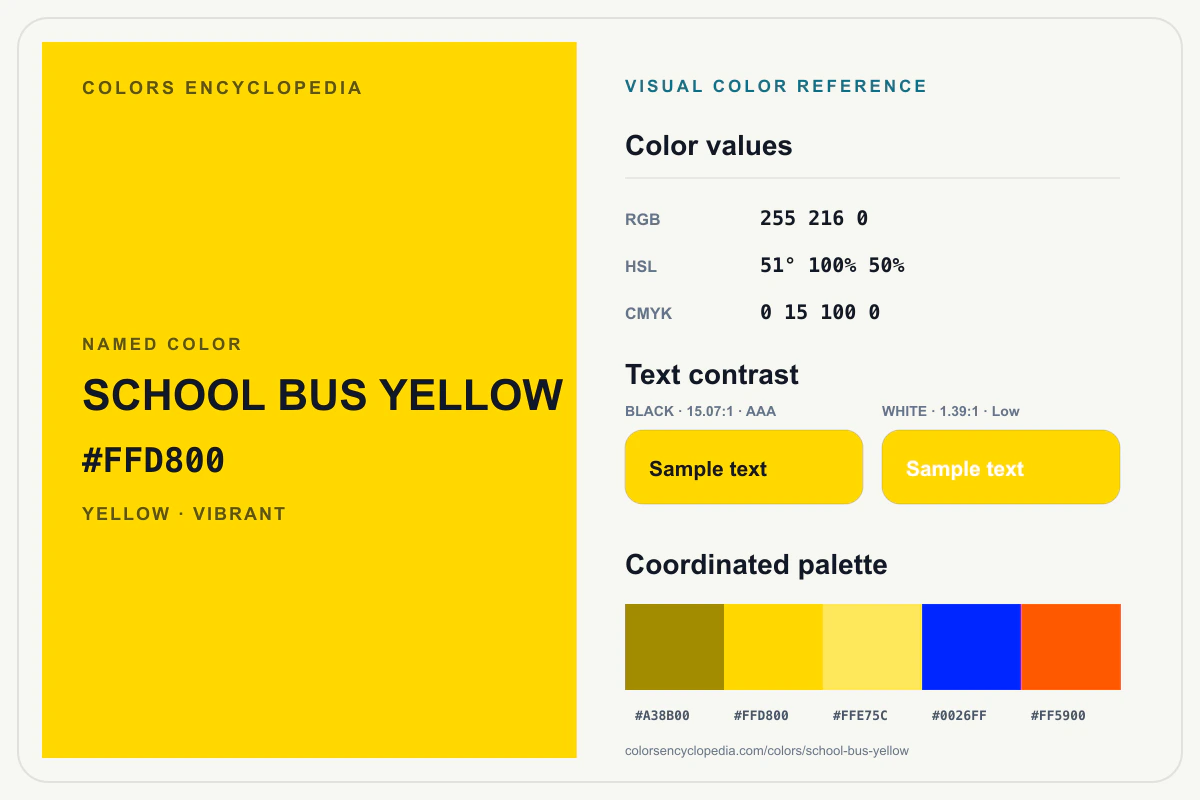 School Bus Yellow color reference infographic showing #FFD800, RGB and HSL values, a coordinated palette, and black and white text contrast.