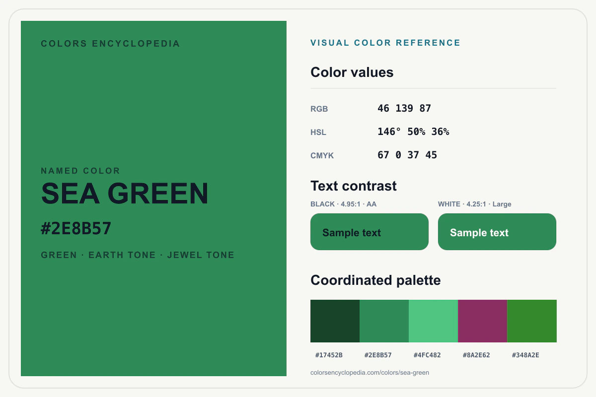 Sea Green color reference infographic showing #2E8B57, RGB and HSL values, a coordinated palette, and black and white text contrast.