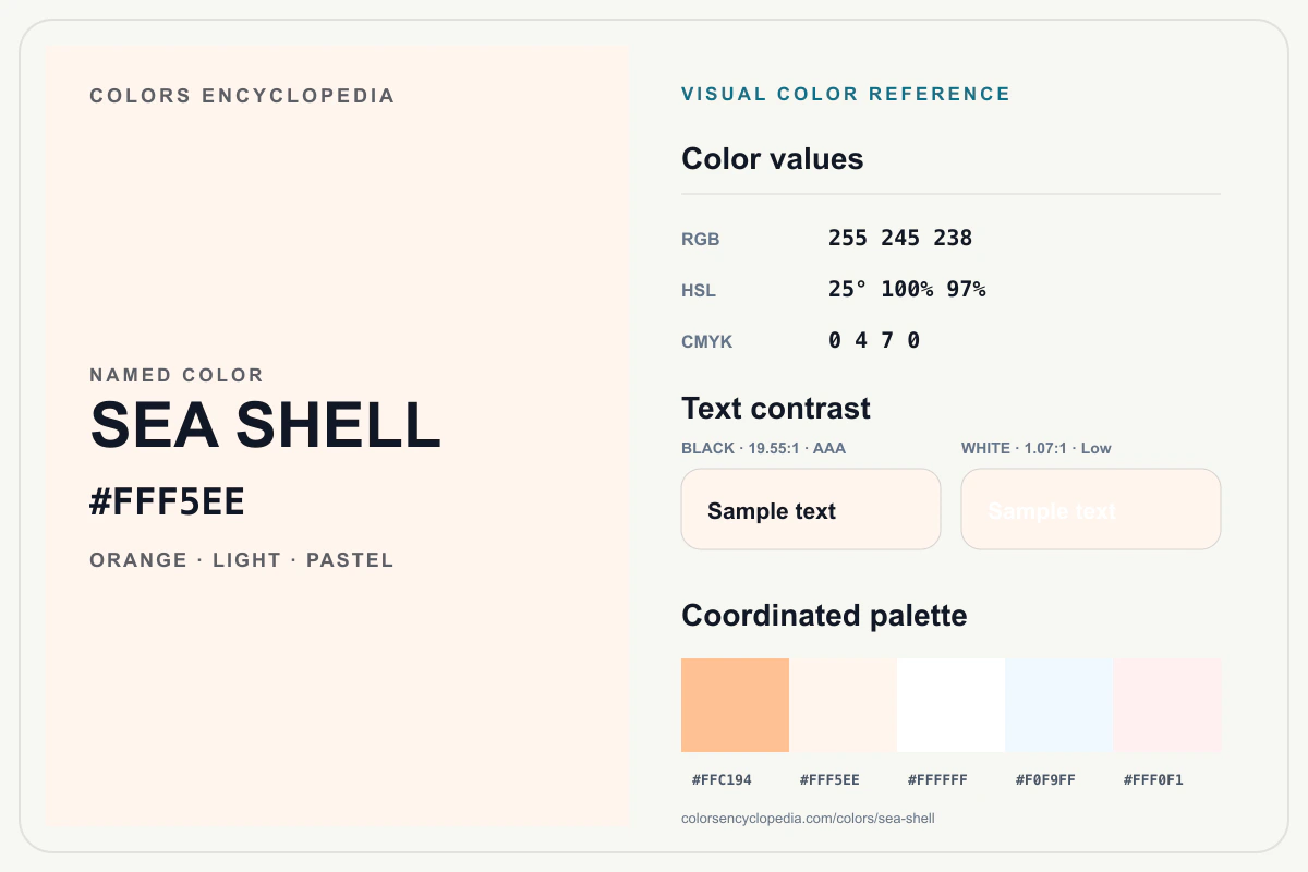 Sea Shell color reference infographic showing #FFF5EE, RGB and HSL values, a coordinated palette, and black and white text contrast.