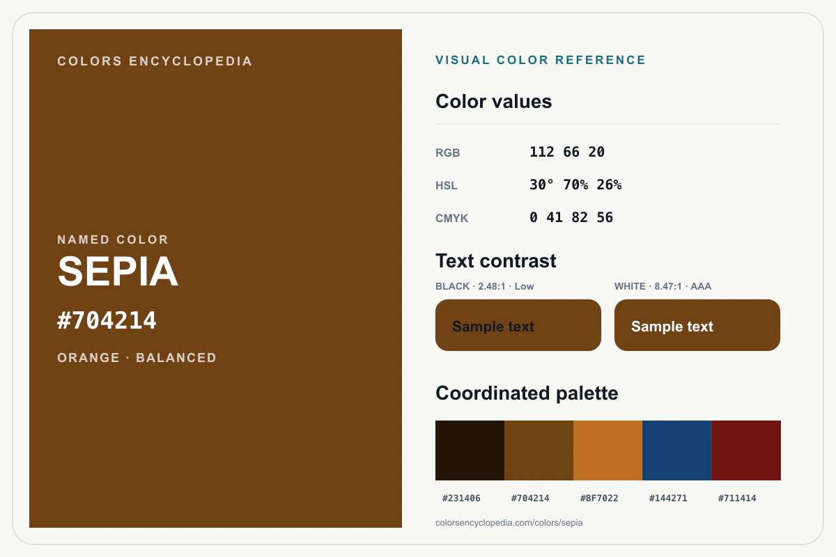 Sepia color reference infographic showing #704214, RGB and HSL values, a coordinated palette, and black and white text contrast.
