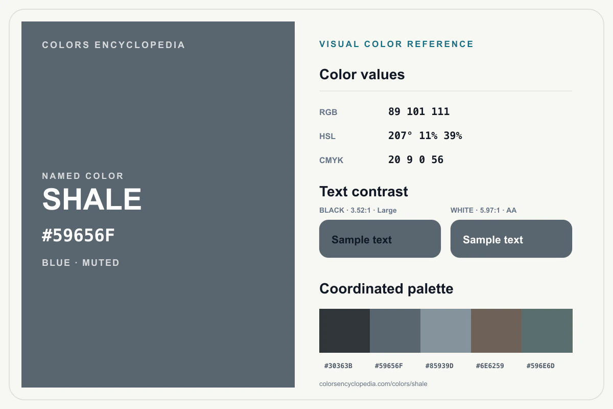 Shale color reference infographic showing #59656F, RGB and HSL values, a coordinated palette, and black and white text contrast.