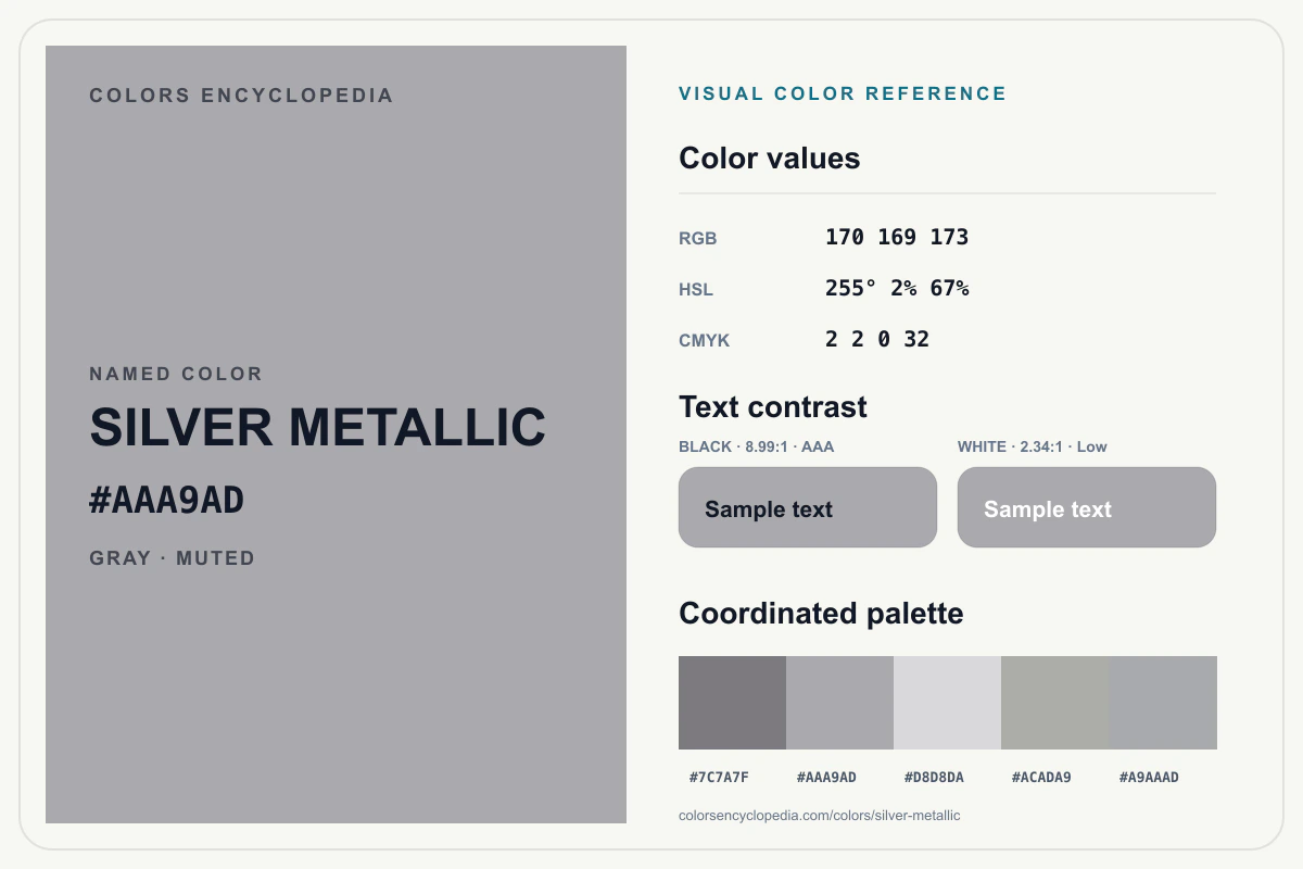 Silver Metallic color reference infographic showing #AAA9AD, RGB and HSL values, a coordinated palette, and black and white text contrast.