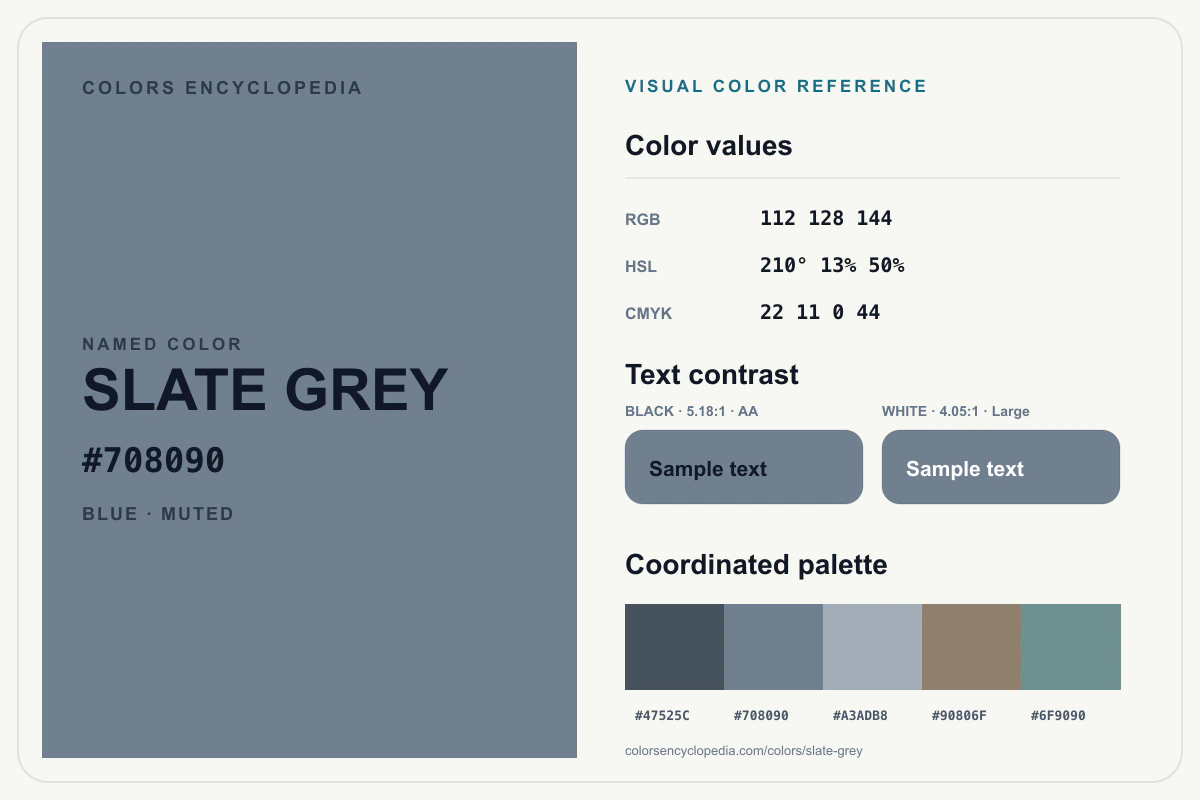 Slate Grey color reference infographic showing #708090, RGB and HSL values, a coordinated palette, and black and white text contrast.