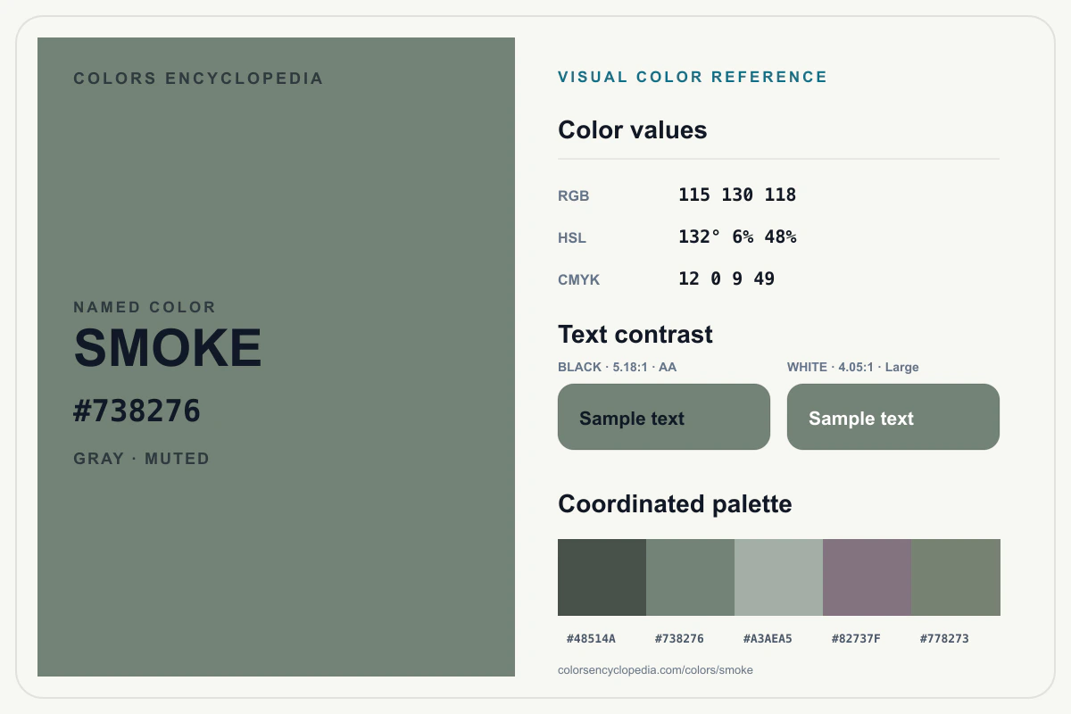 Smoke color reference infographic showing #738276, RGB and HSL values, a coordinated palette, and black and white text contrast.