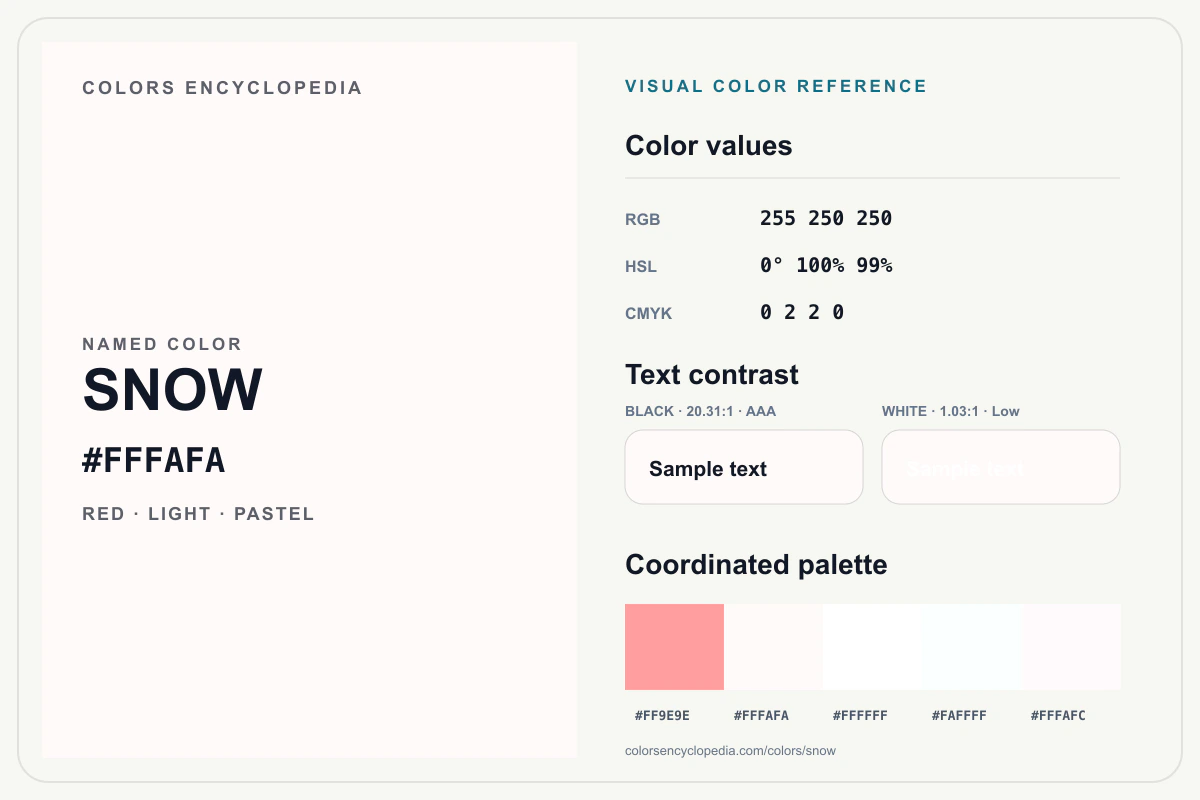 Snow color reference infographic showing #FFFAFA, RGB and HSL values, a coordinated palette, and black and white text contrast.