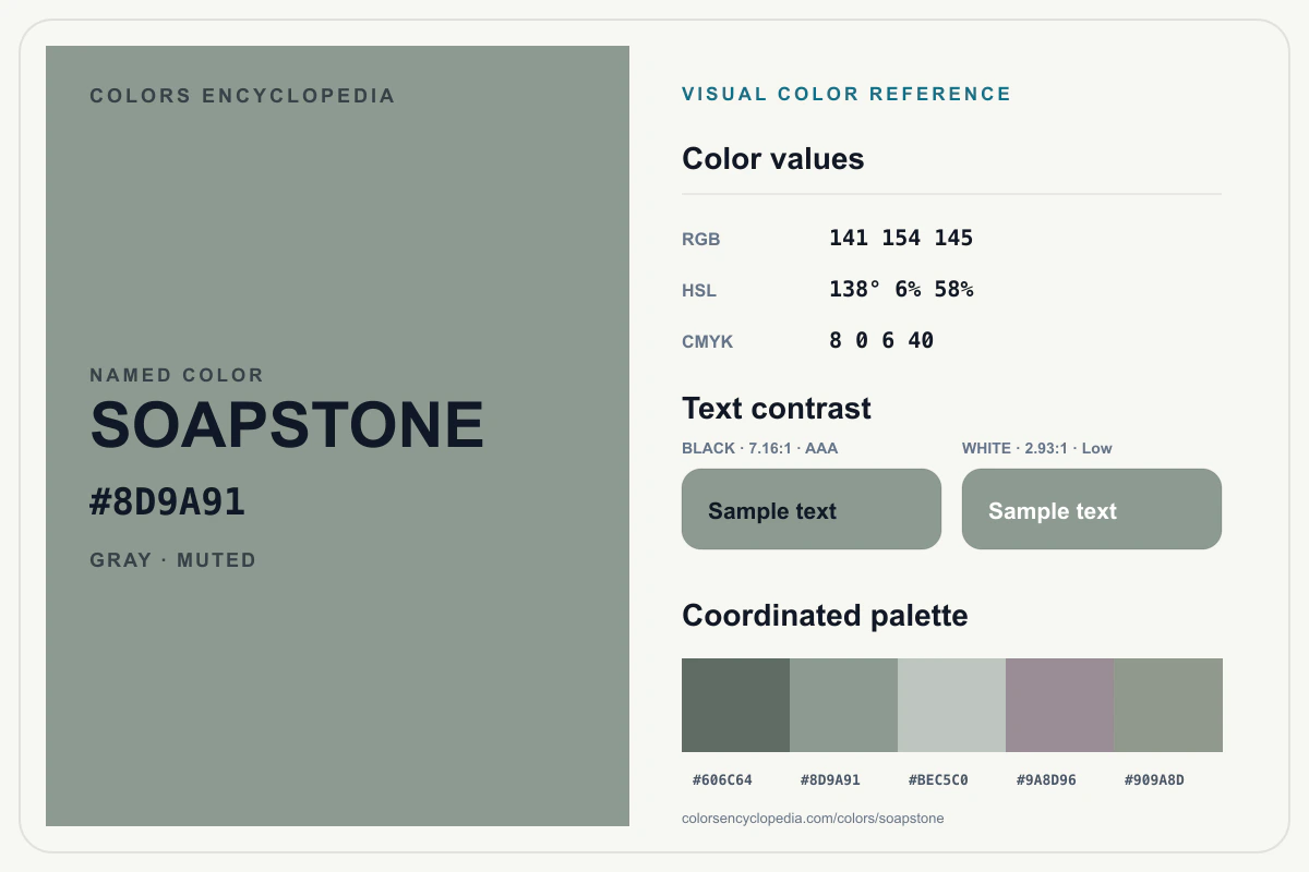 Soapstone color reference infographic showing #8D9A91, RGB and HSL values, a coordinated palette, and black and white text contrast.