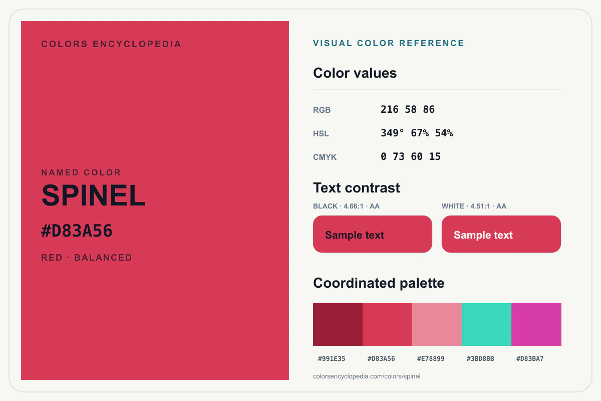 Spinel color reference infographic showing #D83A56, RGB and HSL values, a coordinated palette, and black and white text contrast.