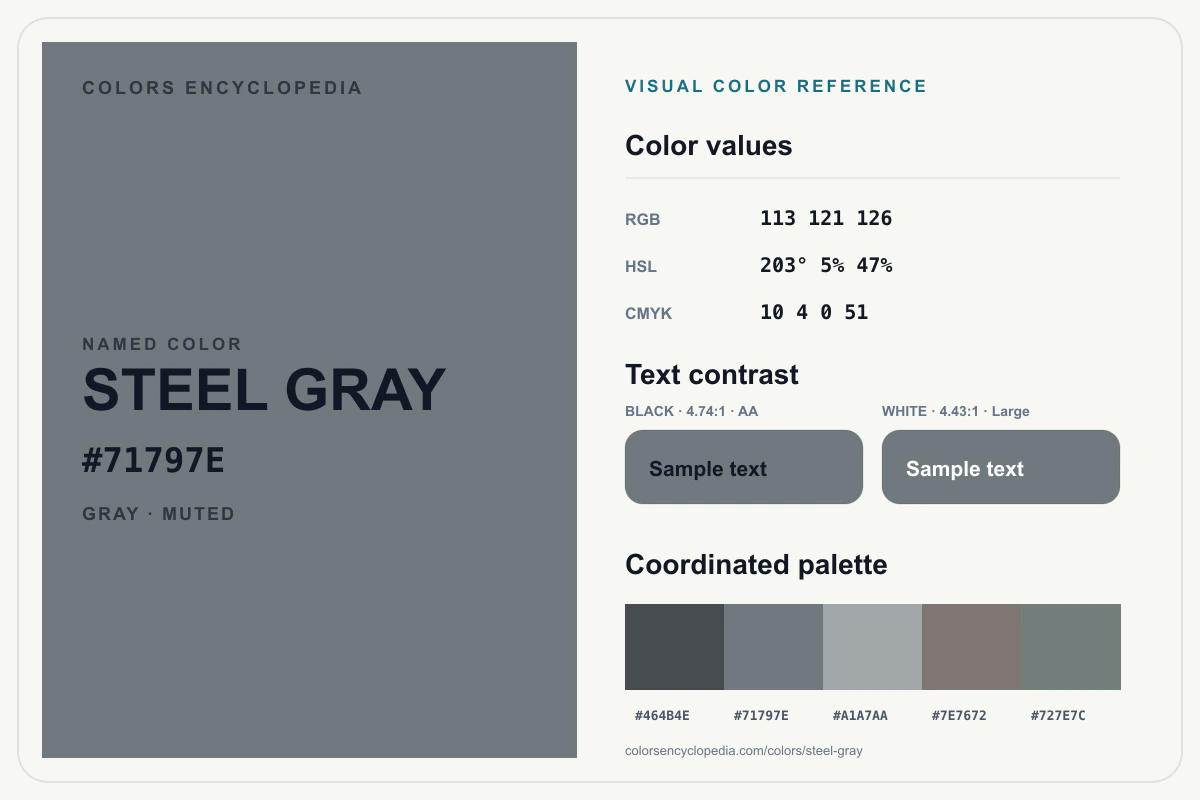 Steel Gray color reference infographic showing #71797E, RGB and HSL values, a coordinated palette, and black and white text contrast.