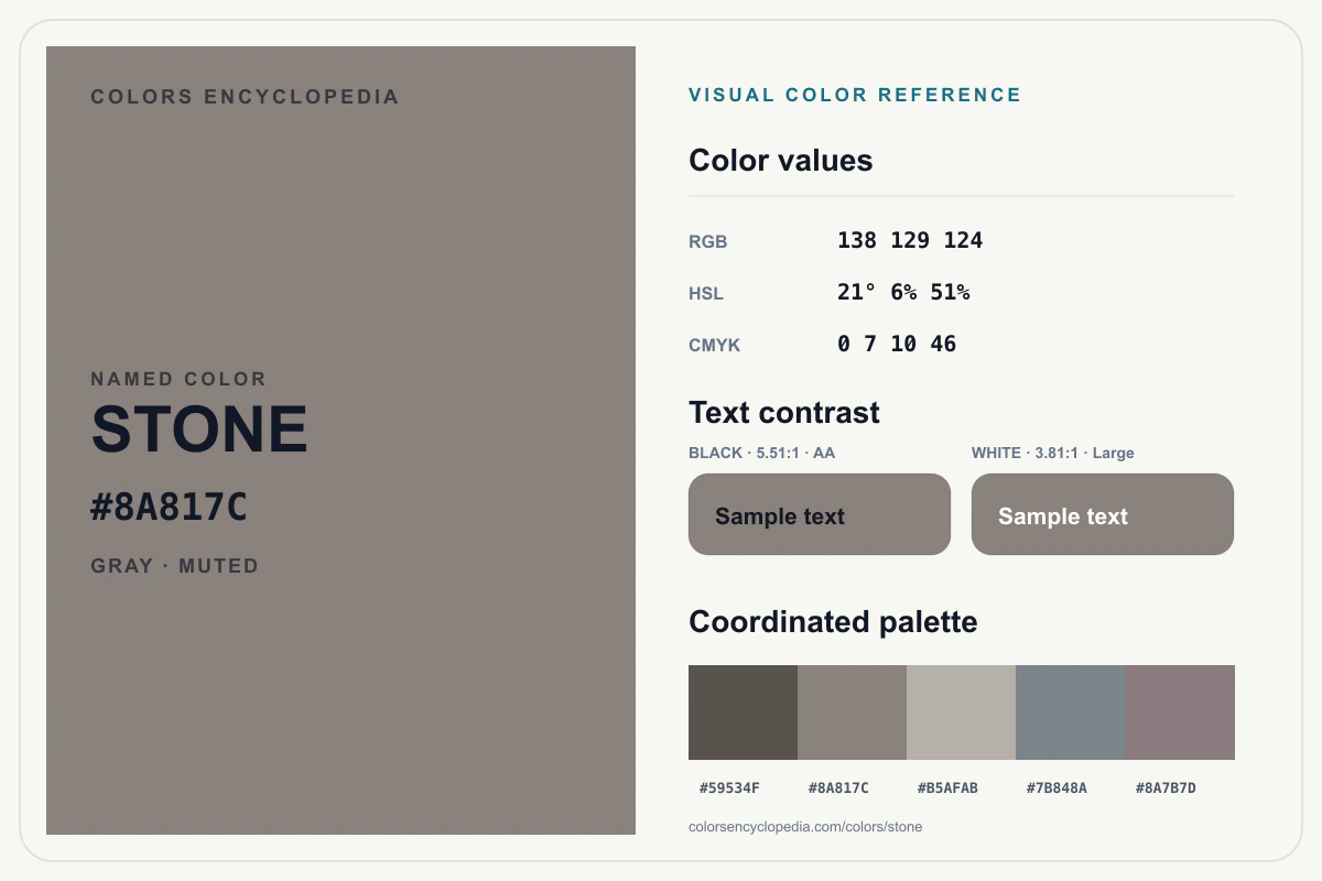 Stone color reference infographic showing #8A817C, RGB and HSL values, a coordinated palette, and black and white text contrast.