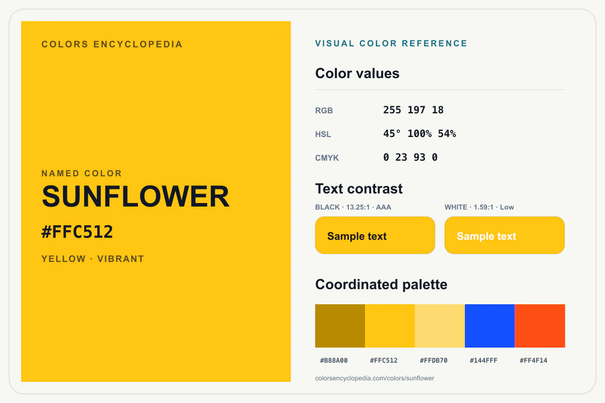 Sunflower color reference infographic showing #FFC512, RGB and HSL values, a coordinated palette, and black and white text contrast.