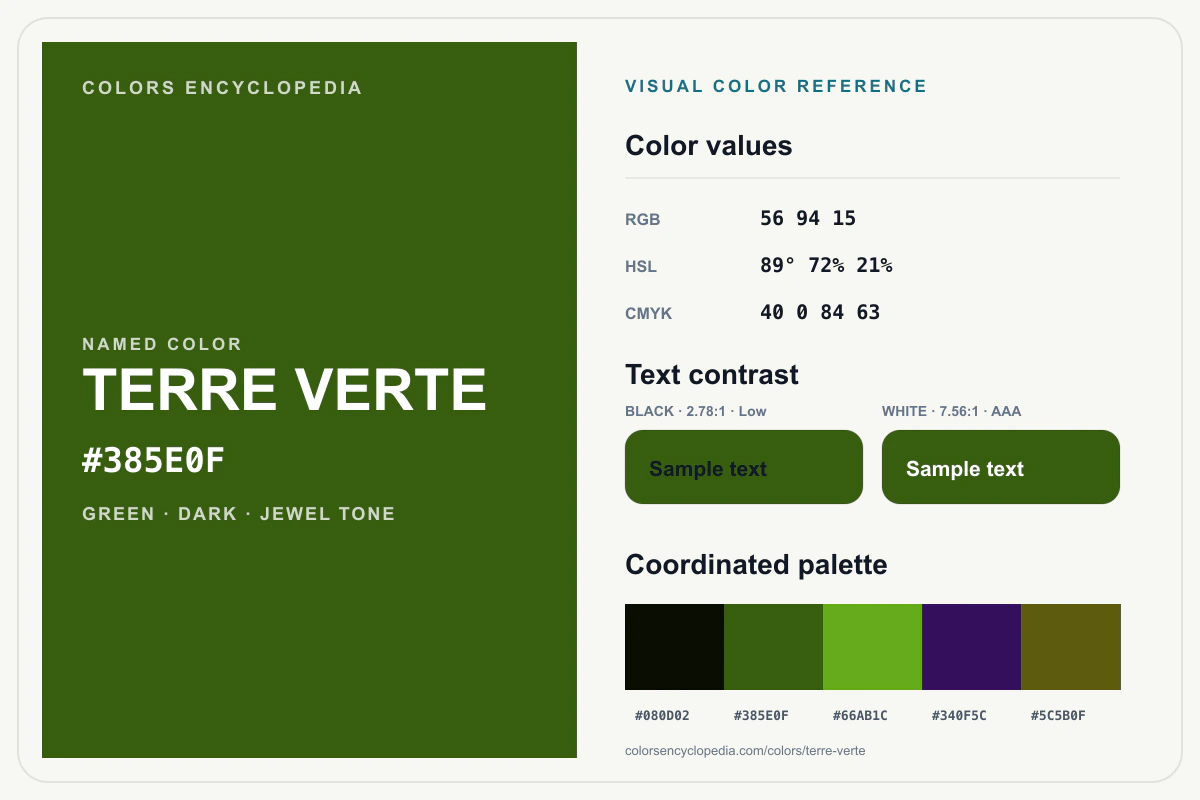 Terre Verte color reference infographic showing #385E0F, RGB and HSL values, a coordinated palette, and black and white text contrast.