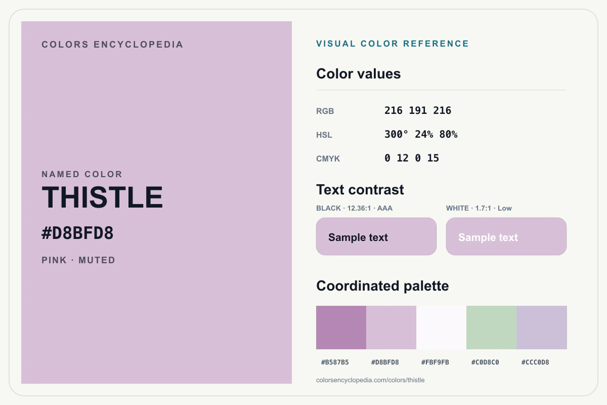 Thistle color reference infographic showing #D8BFD8, RGB and HSL values, a coordinated palette, and black and white text contrast.