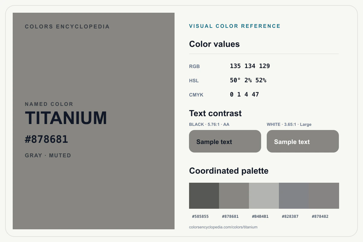 Titanium color reference infographic showing #878681, RGB and HSL values, a coordinated palette, and black and white text contrast.