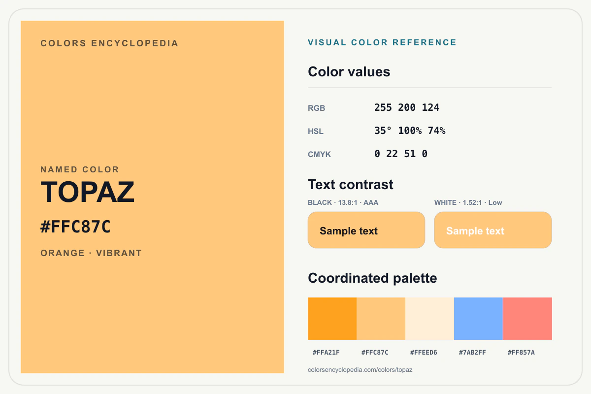 Topaz color reference infographic showing #FFC87C, RGB and HSL values, a coordinated palette, and black and white text contrast.
