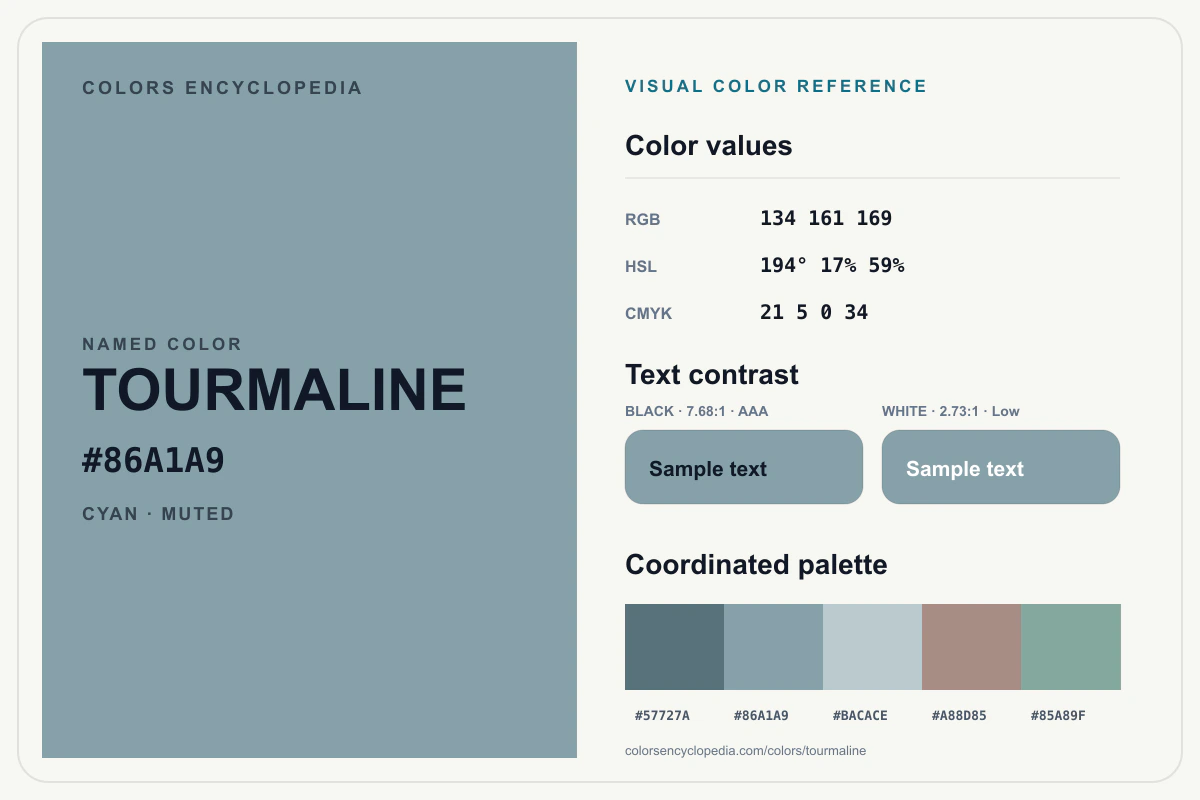 Tourmaline color reference infographic showing #86A1A9, RGB and HSL values, a coordinated palette, and black and white text contrast.