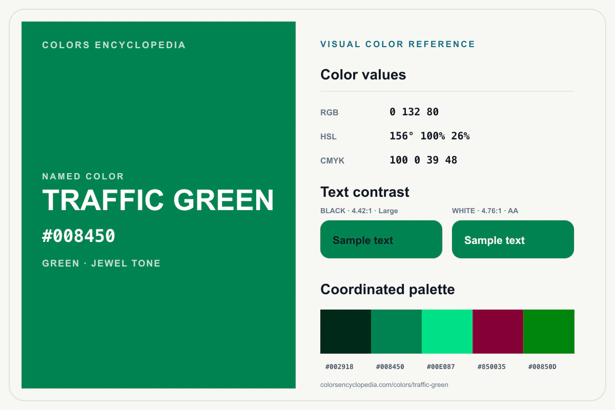 Traffic Green color reference infographic showing #008450, RGB and HSL values, a coordinated palette, and black and white text contrast.
