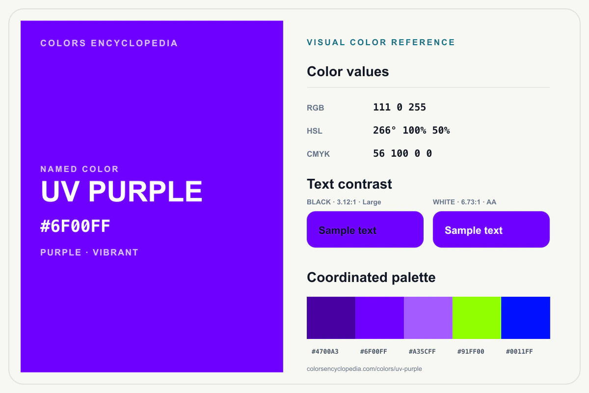 UV Purple color reference infographic showing #6F00FF, RGB and HSL values, a coordinated palette, and black and white text contrast.