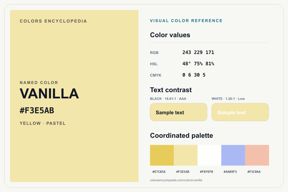 Vanilla color reference infographic showing #F3E5AB, RGB and HSL values, a coordinated palette, and black and white text contrast.