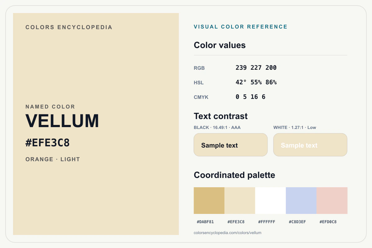Vellum color reference infographic showing #EFE3C8, RGB and HSL values, a coordinated palette, and black and white text contrast.